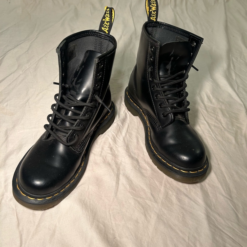 Dr. Martens Black Leather Boots with Yellow Stitching